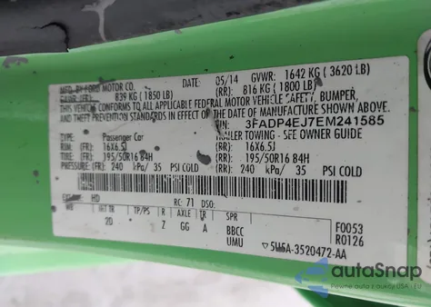 2014 Ford Fiesta Se z USA, uszkodzony, nr VIN 3FADP4EJ7EM241585